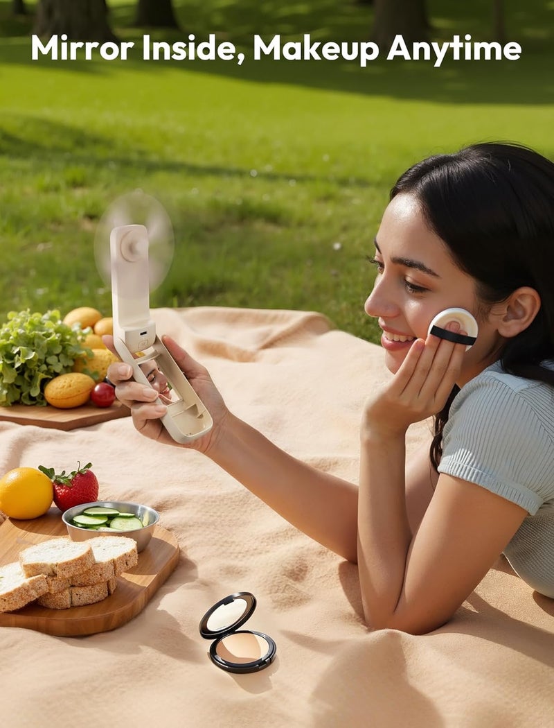 Aecooly Slim Portable Fan with Mirror, Thin Handheld Fan, USB Rechargeable Mini Personal [24H Max Cooling Time], Battery Powered Small Foldable Pocket for Travel, Lash, Makeup, Gifts for Women -Beige - Image 2